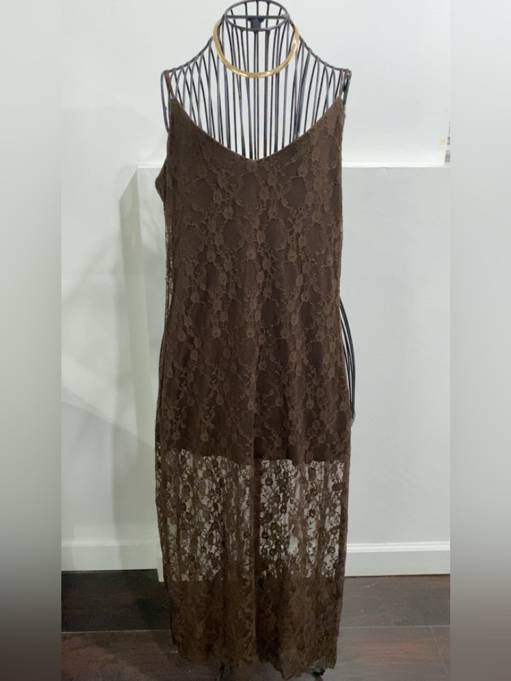 Brown Lace Dress - Women's Elegant V-Neck